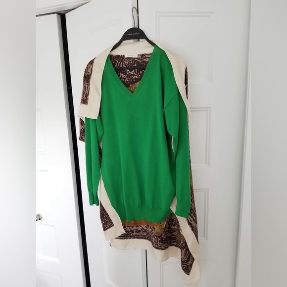 CELINE Green Wool V-Neck Sweater with Silk Foulard Scarf Cape Size Small NWOT - Picture 13 of 13